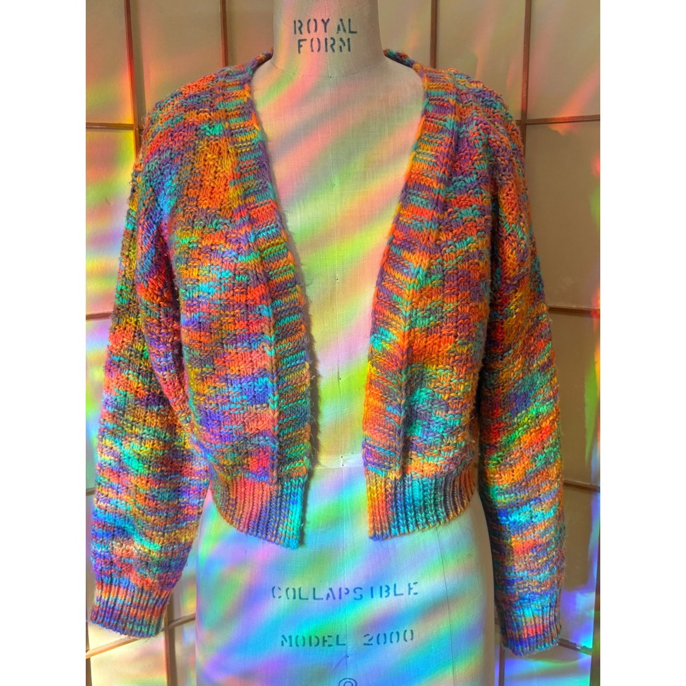 Rainbow Space Dye Chunky Knit Cropped Cardigan Open Front Sweater